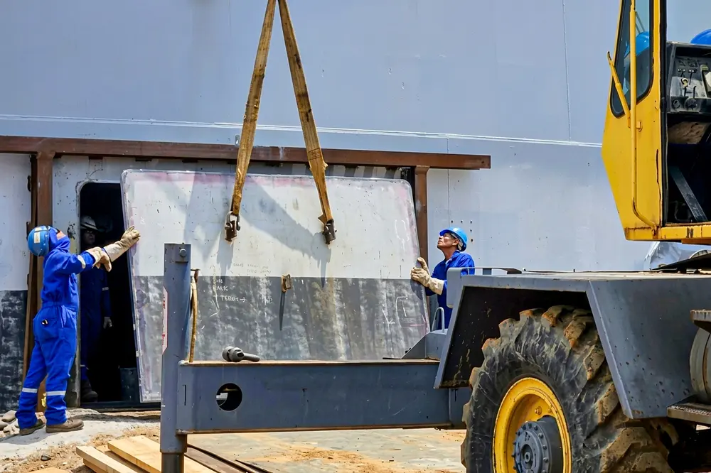 Dos operarios guiando una plancha de acero suspendida de una grúa junto al tanque