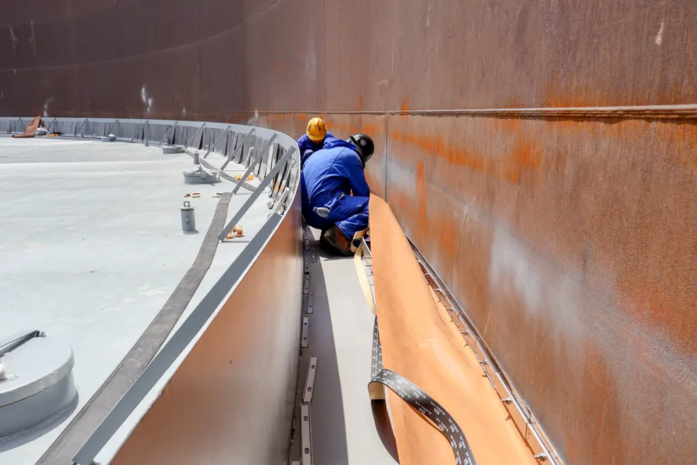 Operario aplicando recubrimiento en el primer anillo del tanque