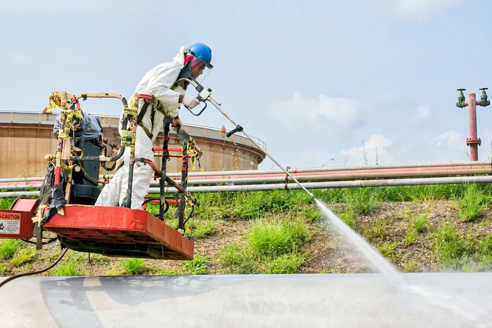 Operario lavando a presión el techo del tanque desde plataforma